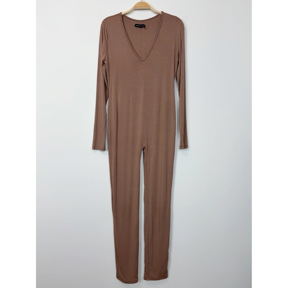 Naked Wardrobe Deep Plunge V Long Sleeve Jumpsuit Womens‎ Size XL Tan Neutral